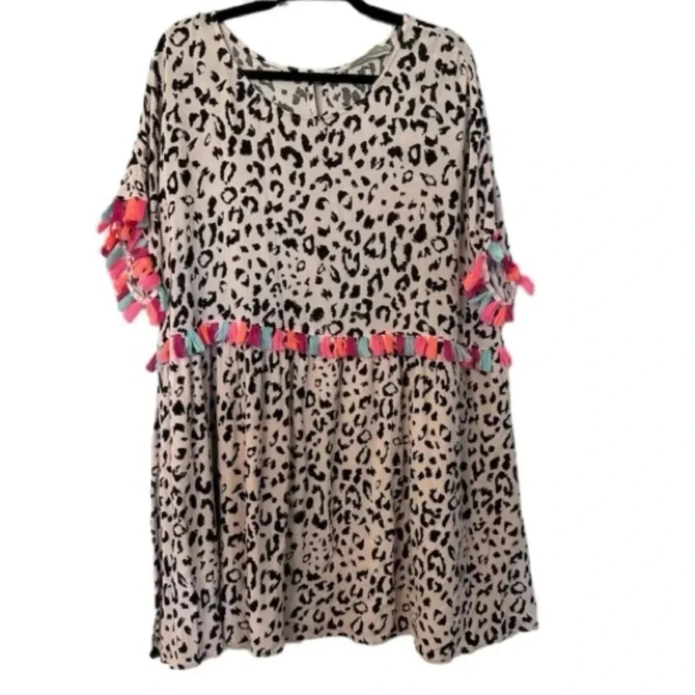 Savanna Jane Women's Stepping Ahead Leopard Neon Tassel Dress Size 2X GUC